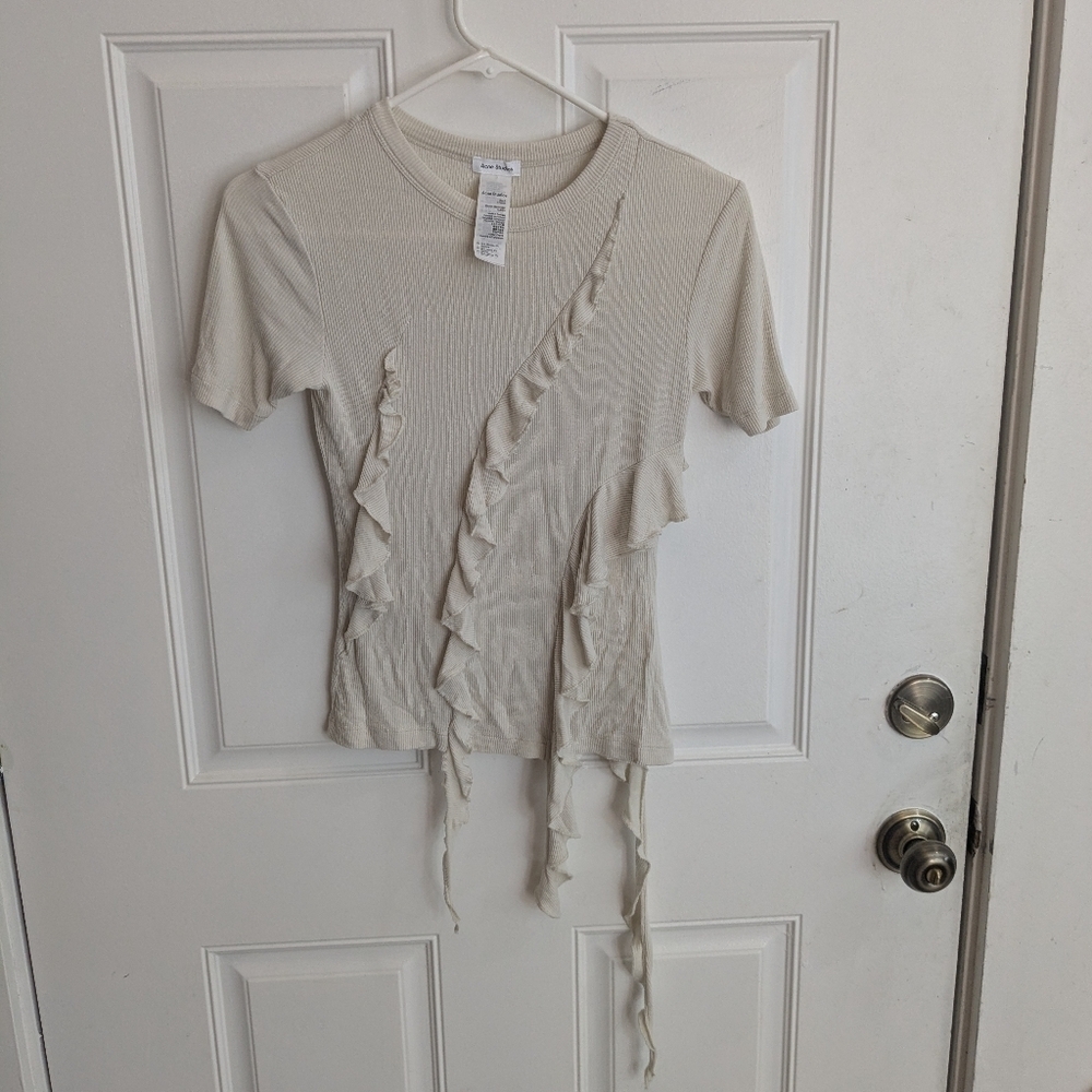 Acne Studios Cream Ribbed Ruffle Top - Picture 4 of 6